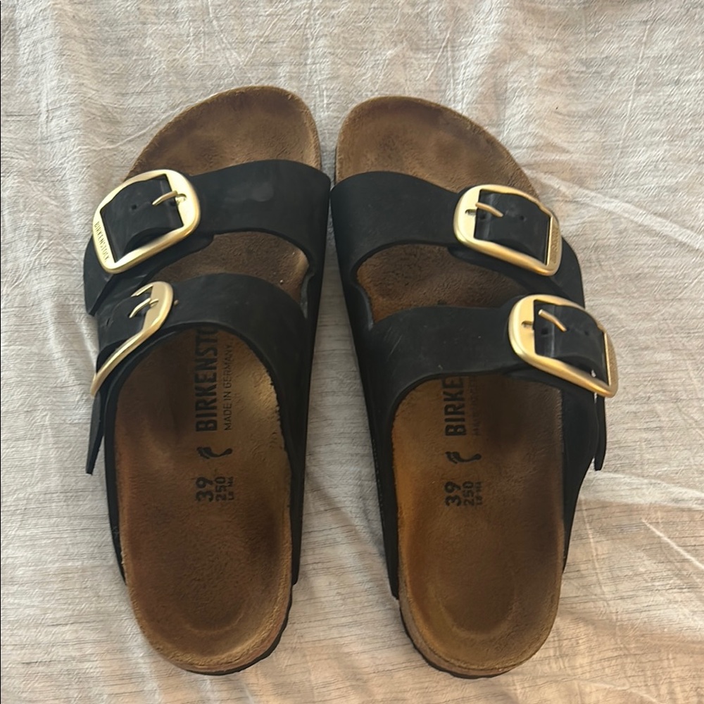 Birkenstock Black Sandals with Gold Buckles